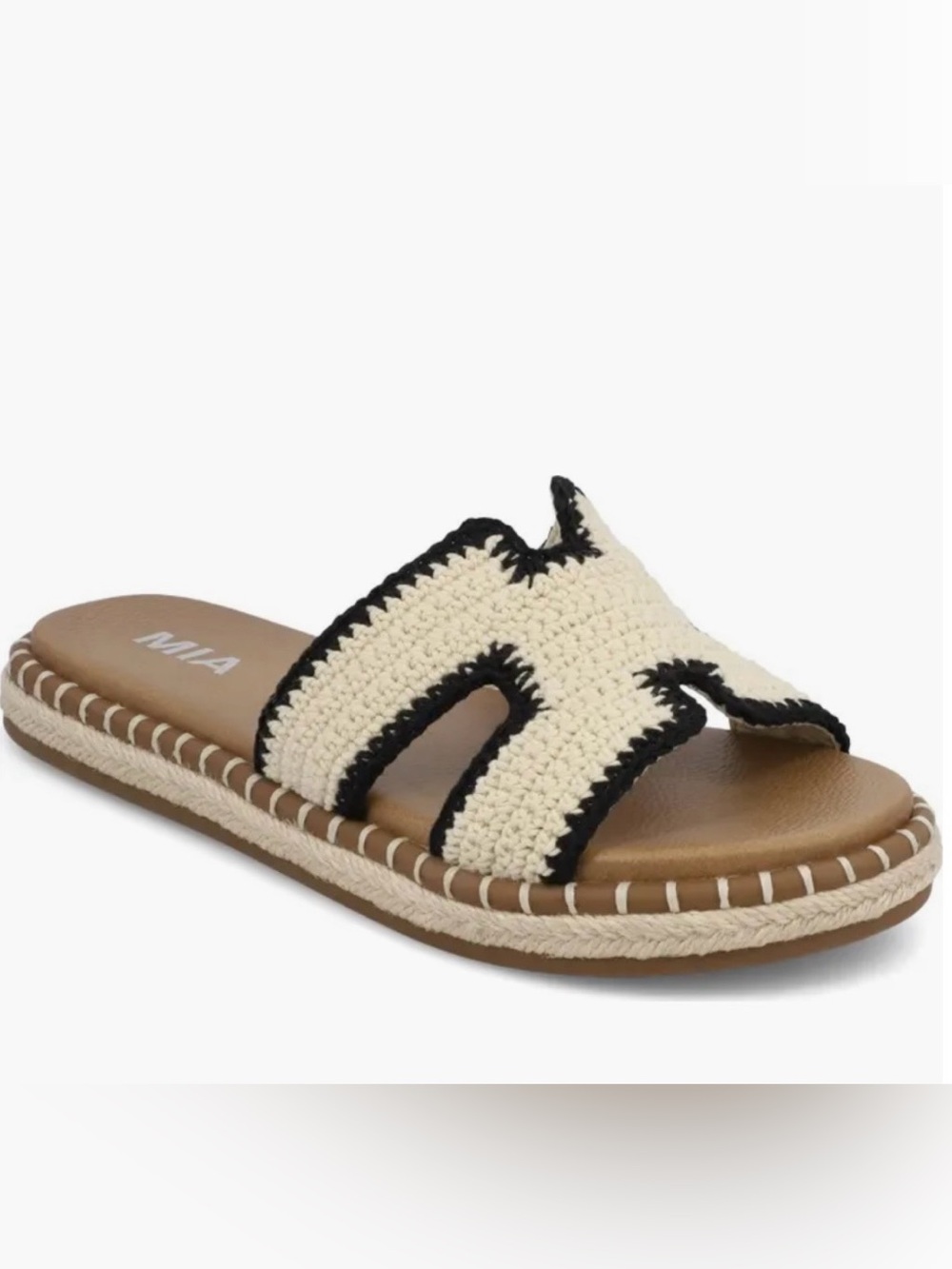 MIA Cream Crochet Slide Sandal with Black Trim and Brown Footbed